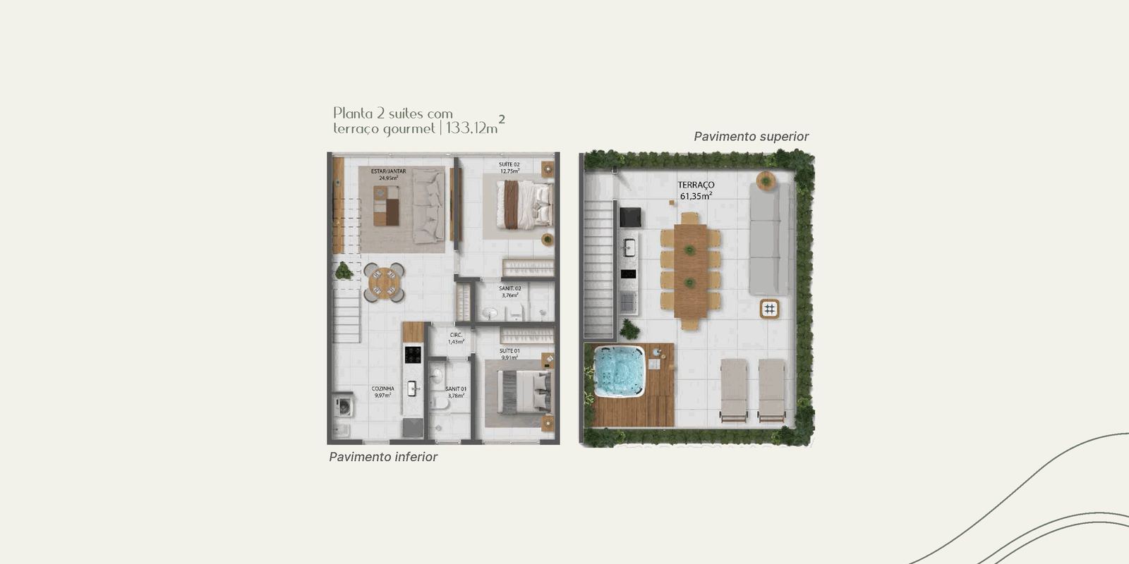 Planta 2 suítes com terraço gourmet