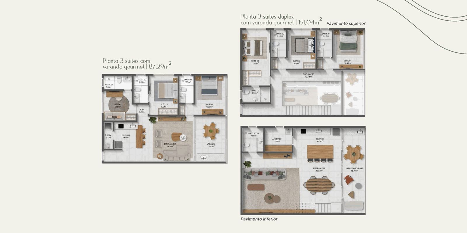 Planta 3 suítes duplex com varanda gourmet
