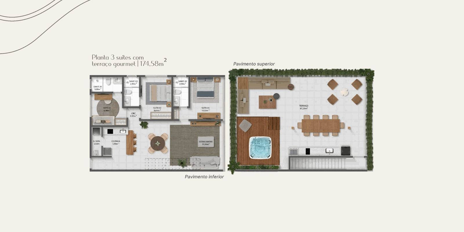 Planta 3 suítes com terraço gourmet
